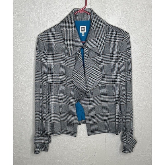 Anne Klein Black White Blue Plaid Open Jacket Fully Lined Nice Tagged Sz 16 - Picture 1 of 8